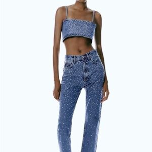 Zara Sparkly Denim Top and Jeans with Rhinestone Embellishments